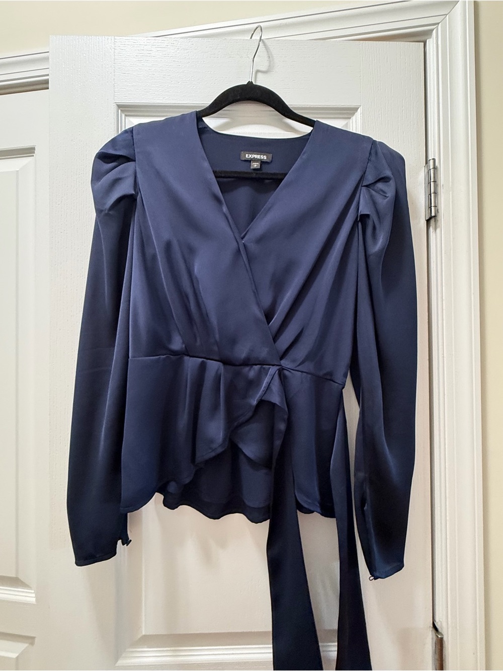 Express Navy Satin Wrap Blouse with Peplum